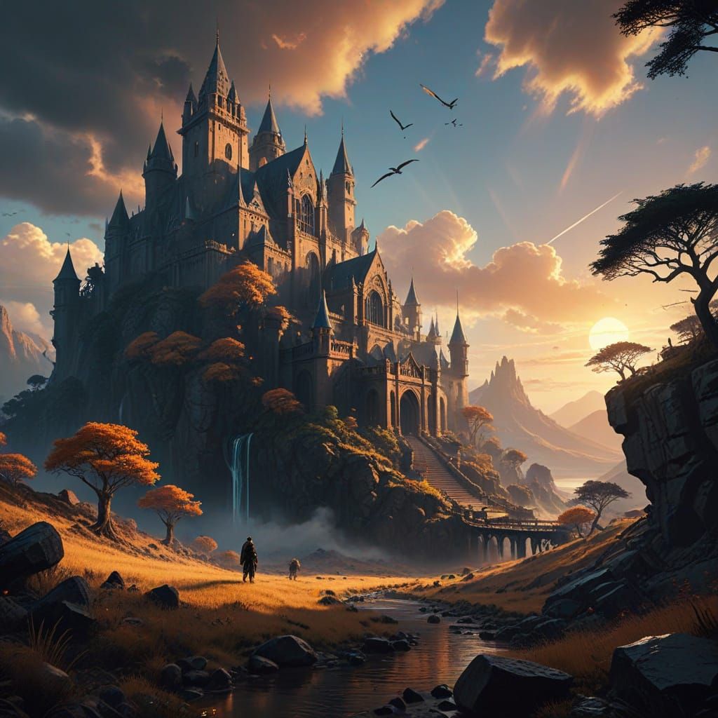 Epic Fantasy Sunset Landscape in HDR, Cinematic Volumetric L...