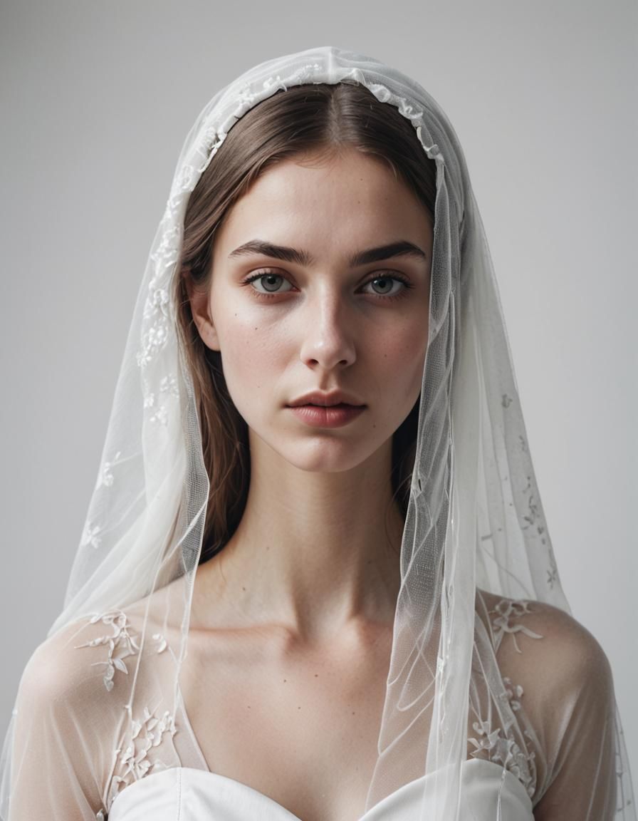 Veiled Albino Woman Portrait in White