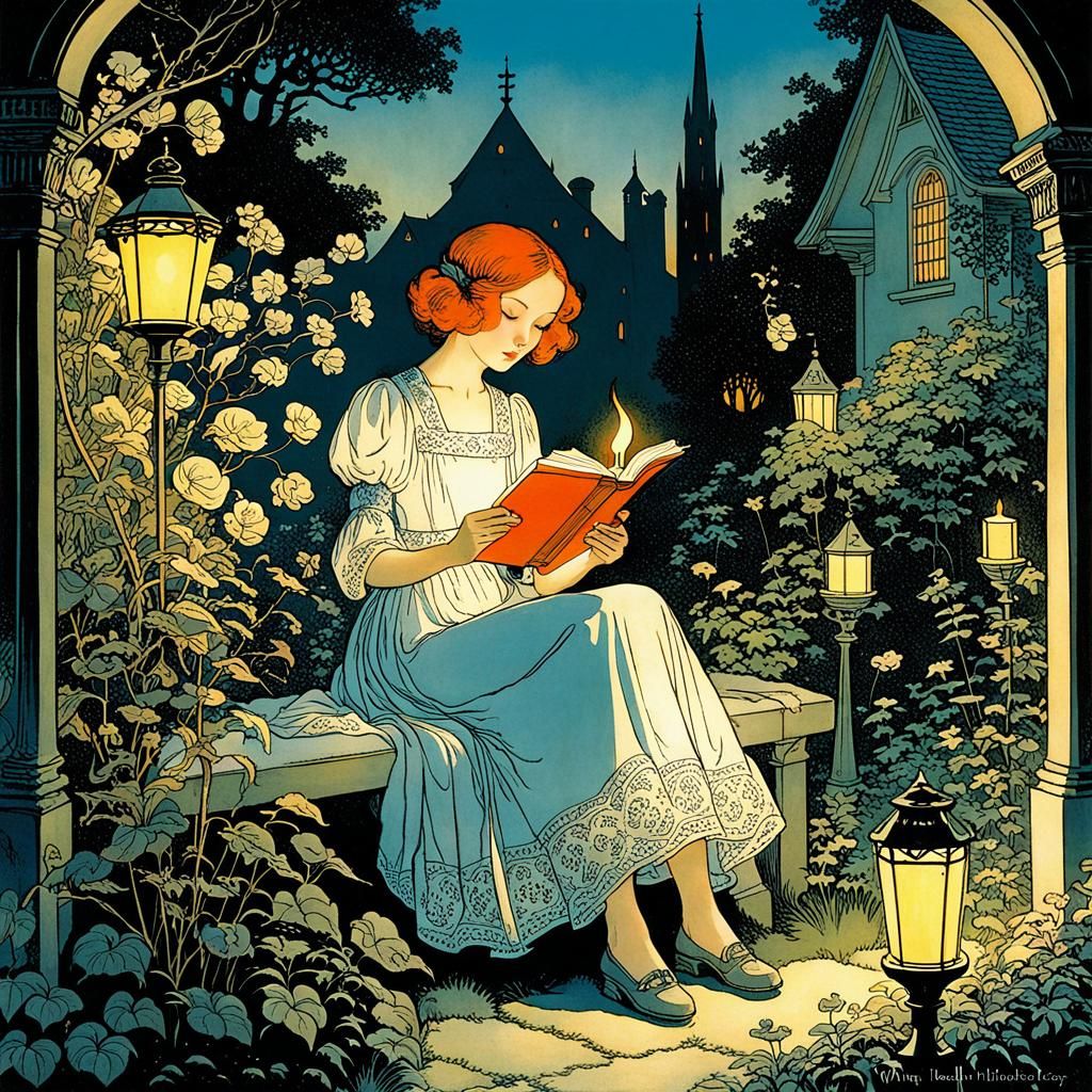 Girl Reading in Garden, Whimsical Vintage Illustration
