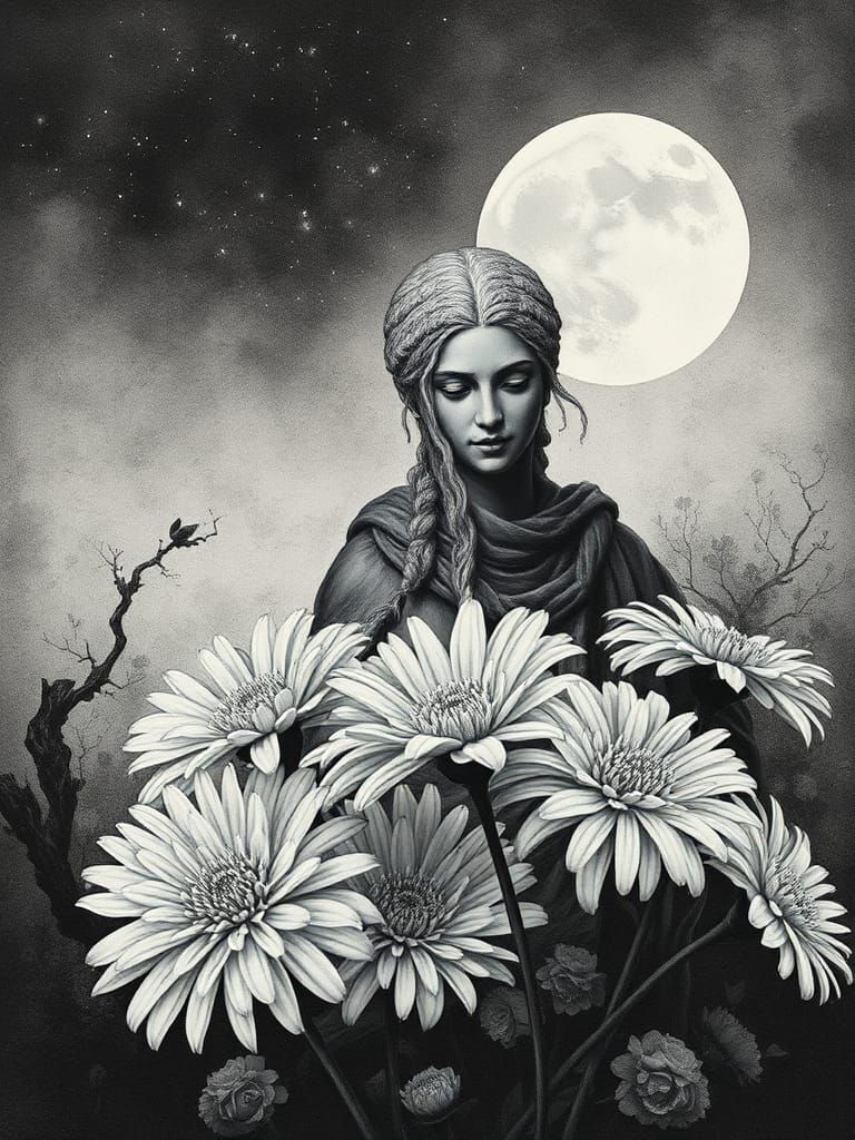 Spectrolite Chrysanthemums Sculpture with Acropolis in Ink W...