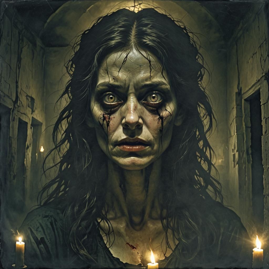 Terrified Woman in Abandoned Asylum: Surreal Horror