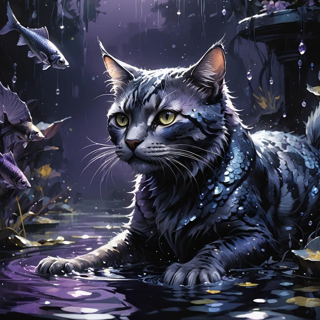 Midnight Blue Feline Mermaid Fantasy Art