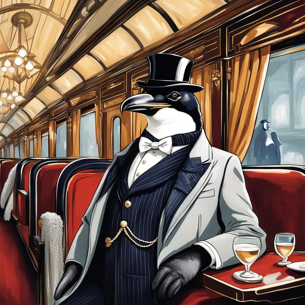 Penguin Socialite on a Vintage Train