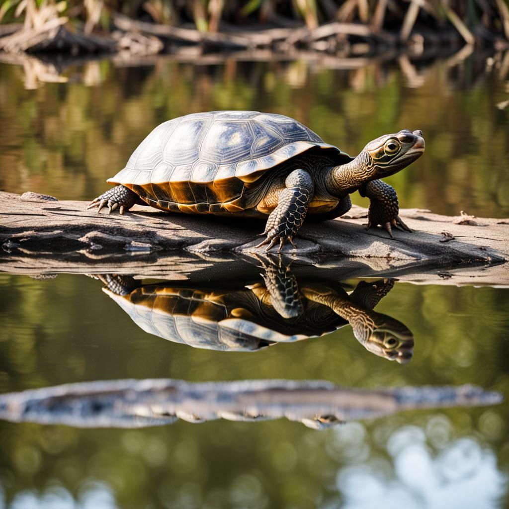 Turtle Gazing at Reflection in Mirror