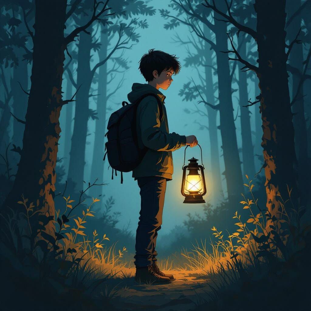 Boy with Lantern in Eerie Forest, Graphic Novel Style