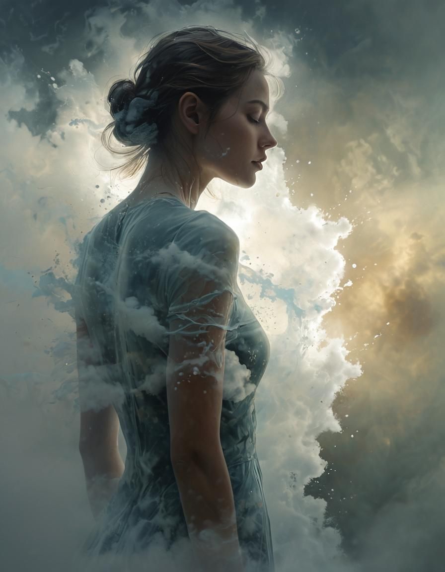 Ethereal Woman in Clouds: Double Exposure Fantasy