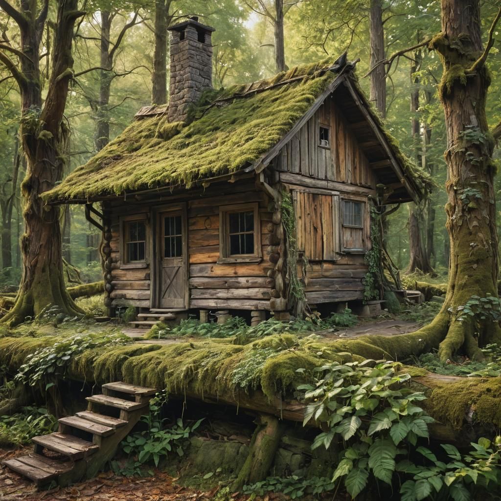 In the heart of a dense forest, an ancient wooden cabin stan...