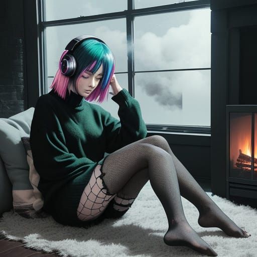 Emo Girl in Cozy Winter Scene with Fireplace and Stars
