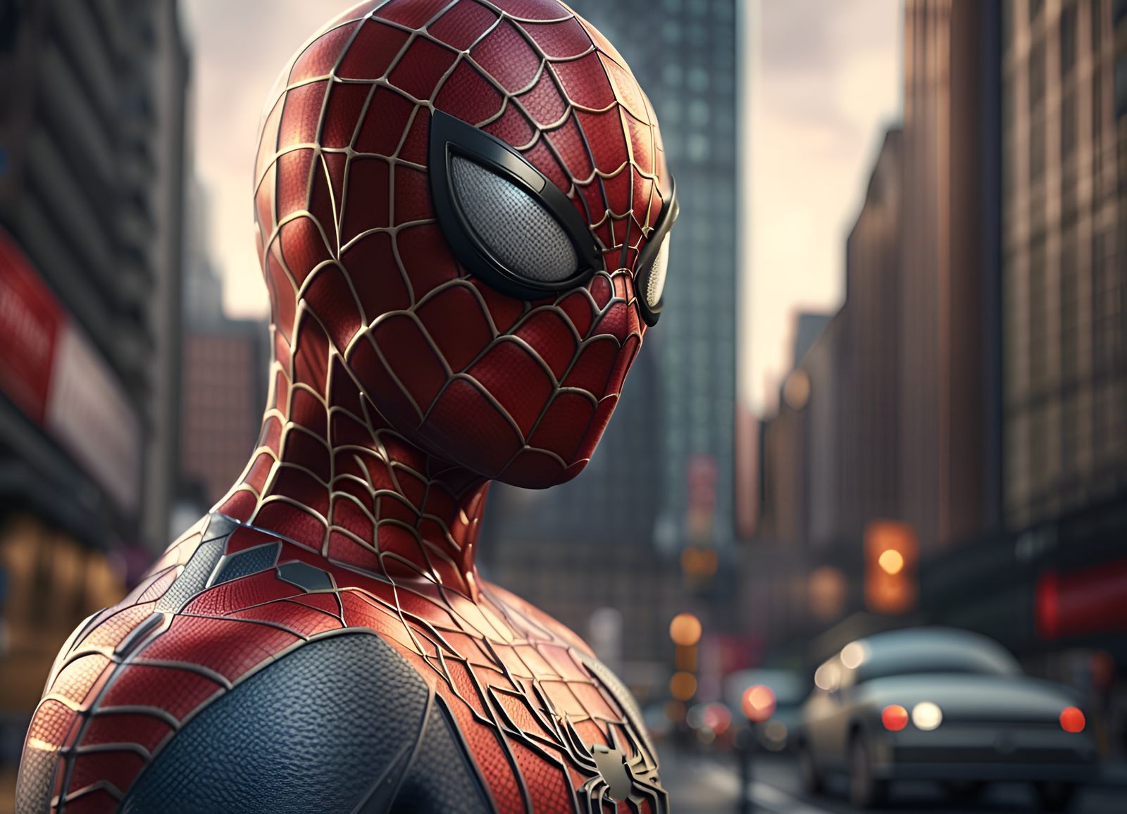 Hyperrealistic Spiderman Portrait in Dreamlike Cityscape