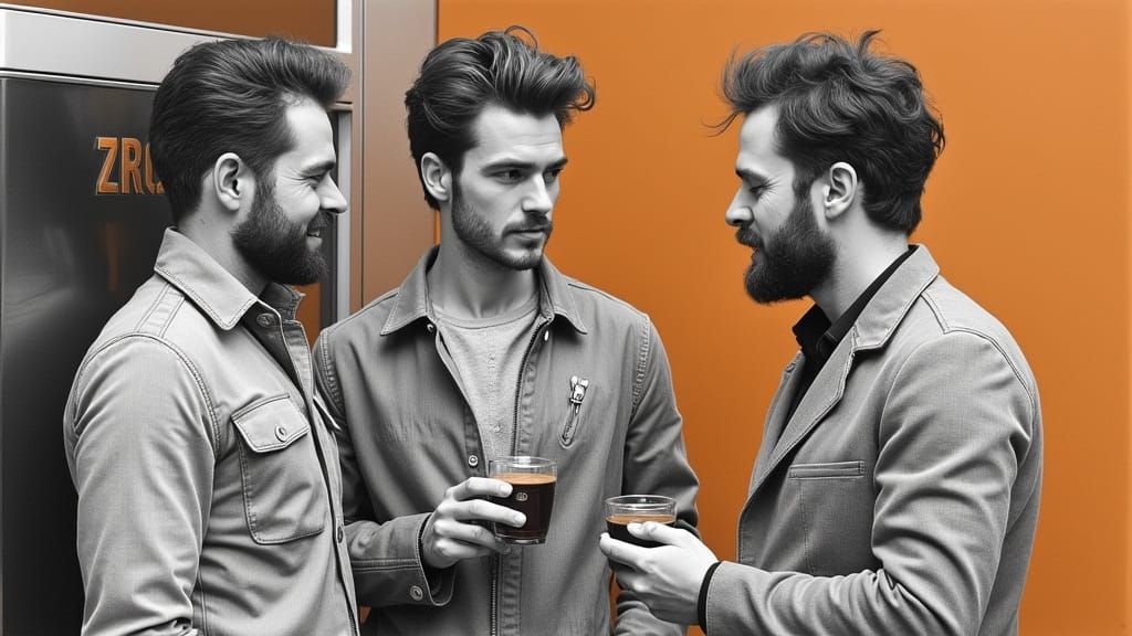 Friends Sharing Laughter Around a Sleek Espresso Vending Mac...