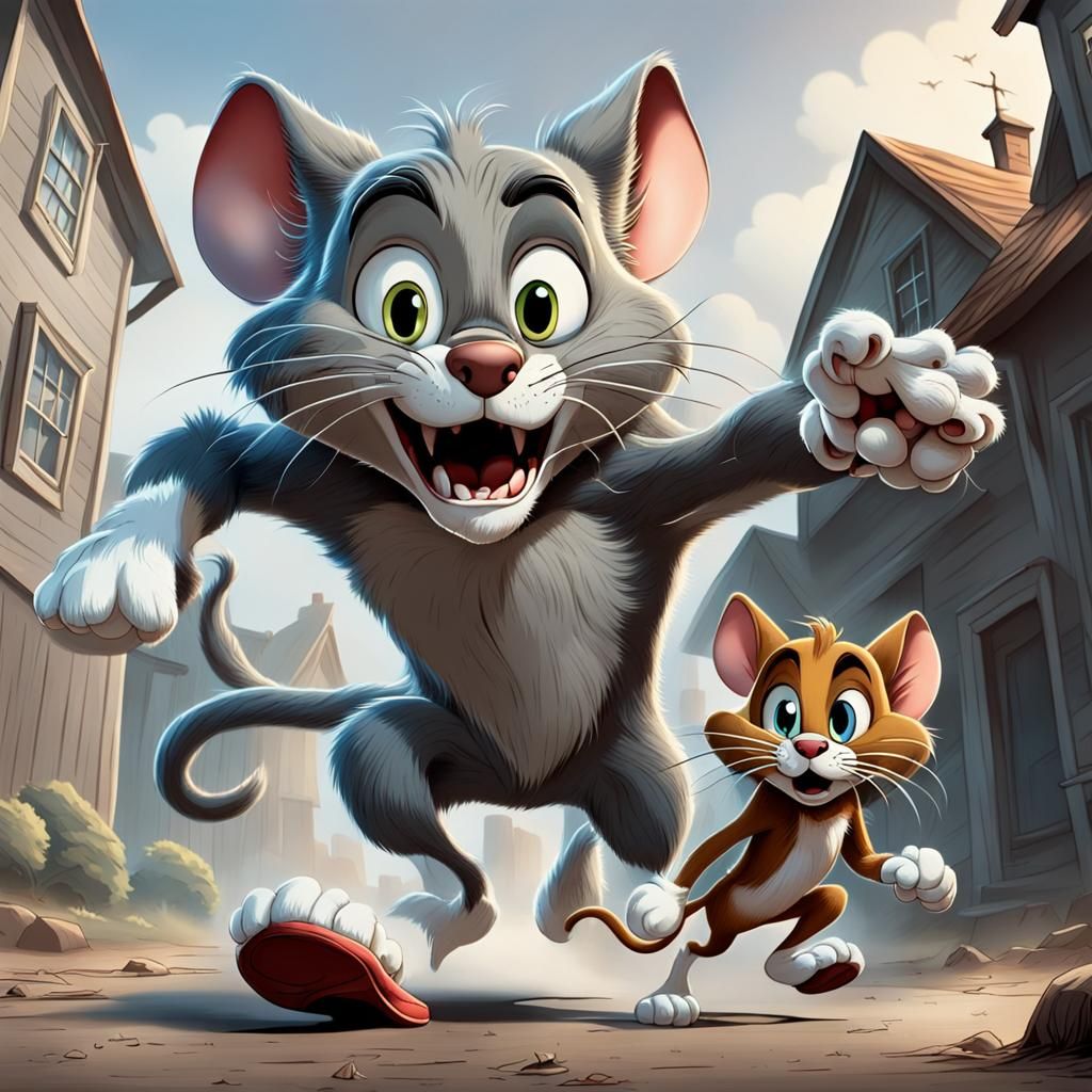 A terrifying meeting of cartoon characters Tom and Jerry.