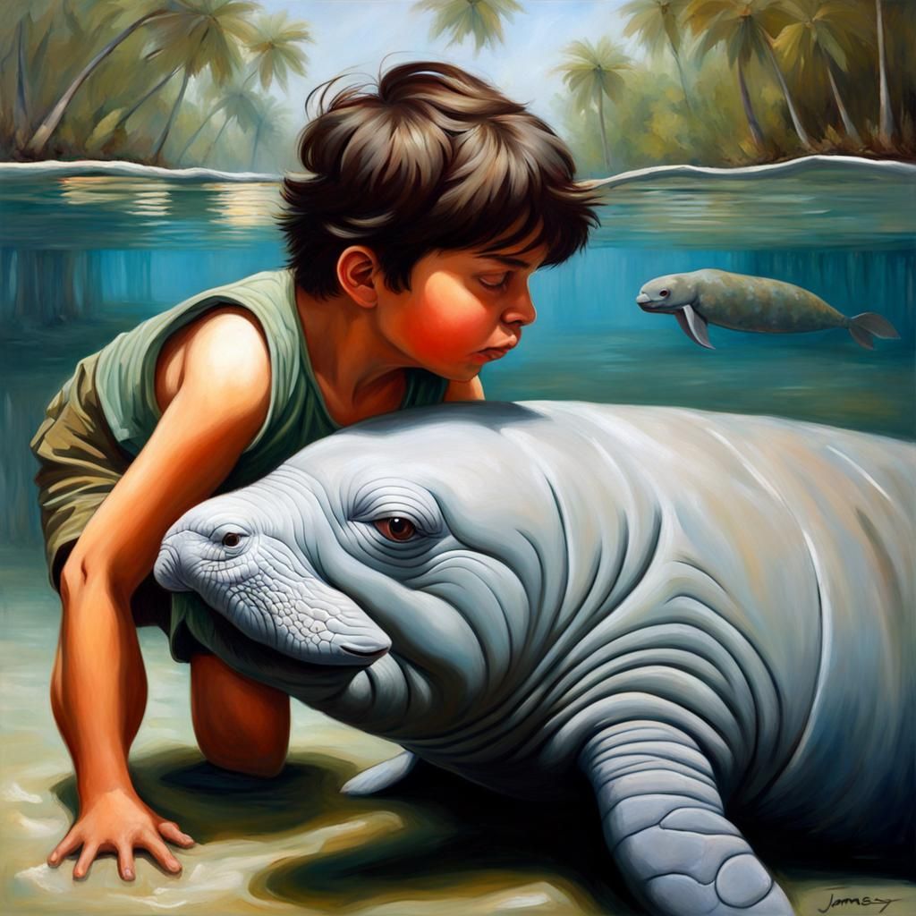 Boy Kissing Manatee: Oil Painting