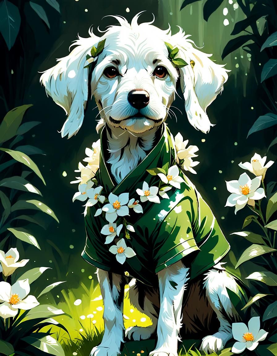 Cute Weimardoodle in Floral Costume, Digital Painting