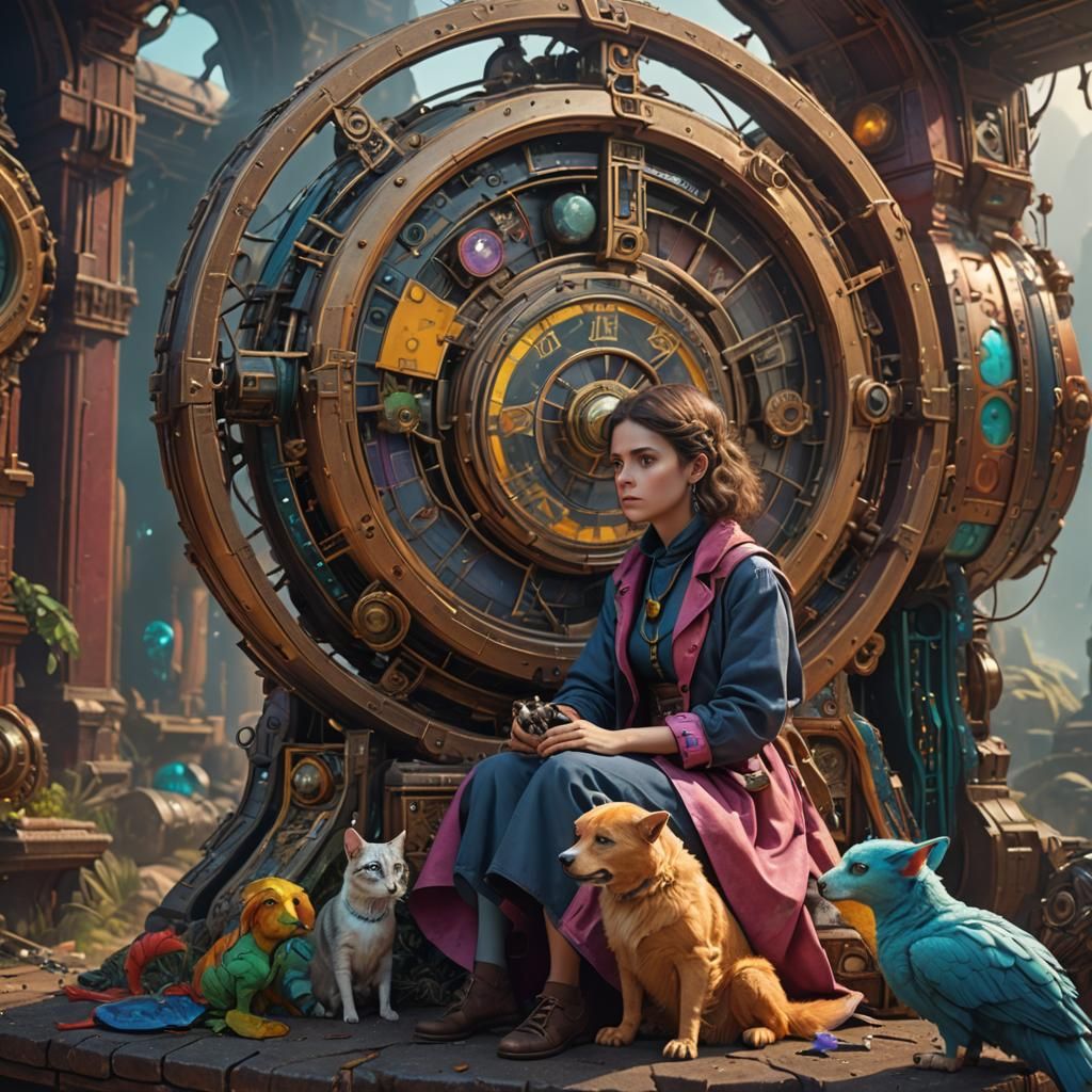 Time Traveler and Pet Contemplate Broken Time Machine