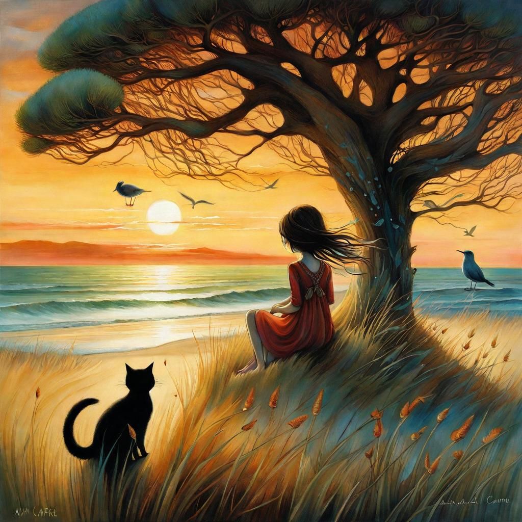 Girl and Cat Watch Sunset on Windy Beach