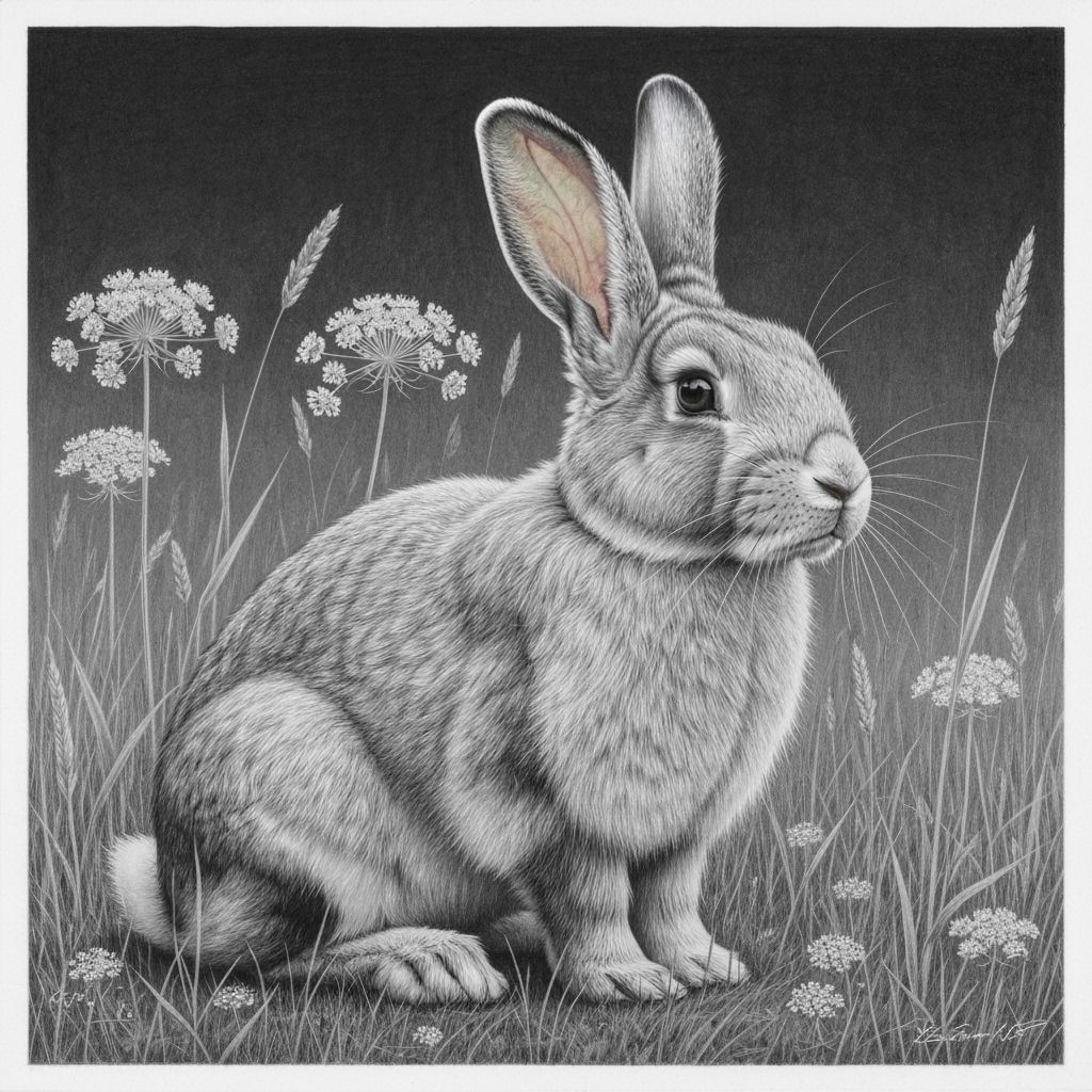 Flemish Giant Rabbit Graphite Drawing in Wildflower Meadow