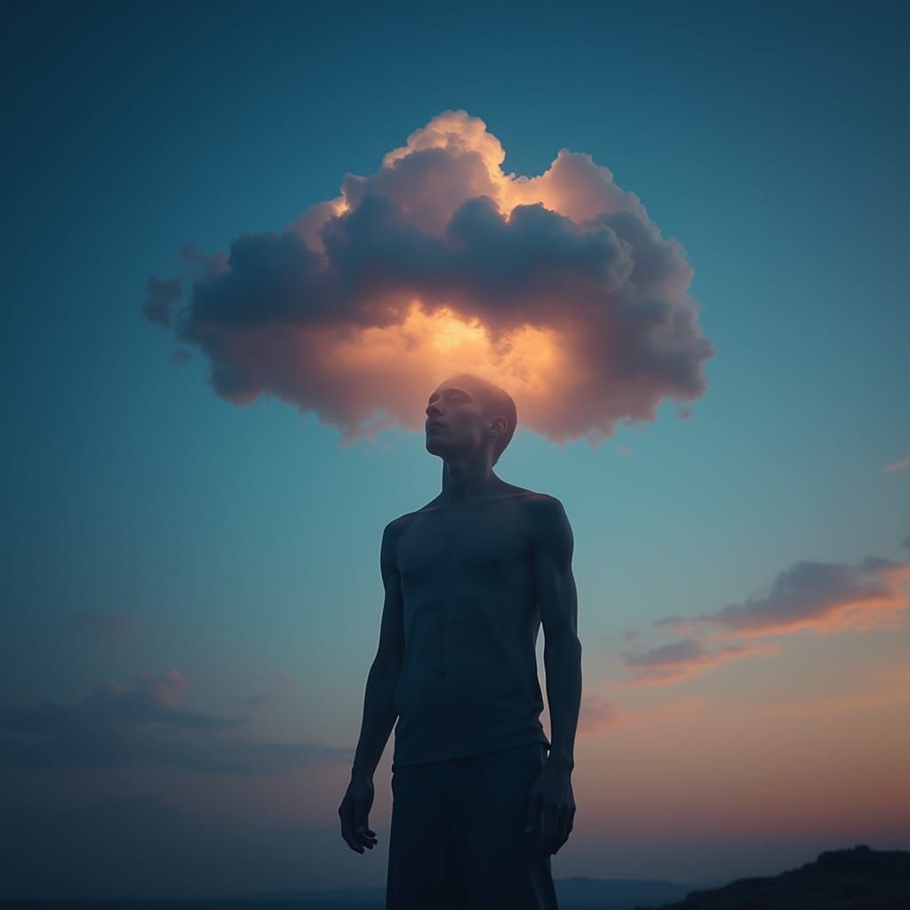 Surreal Figure With Cloud Head Dissolving Into Twilight Sky