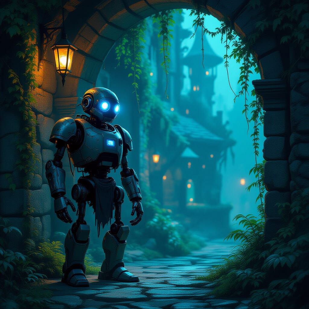 Weathered Robot at Ancient Tavern Entrance in Bioluminescent...