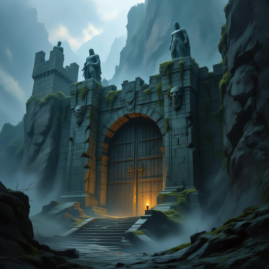 Massive Mountain Fortress Gate in Dark Fantasy Style