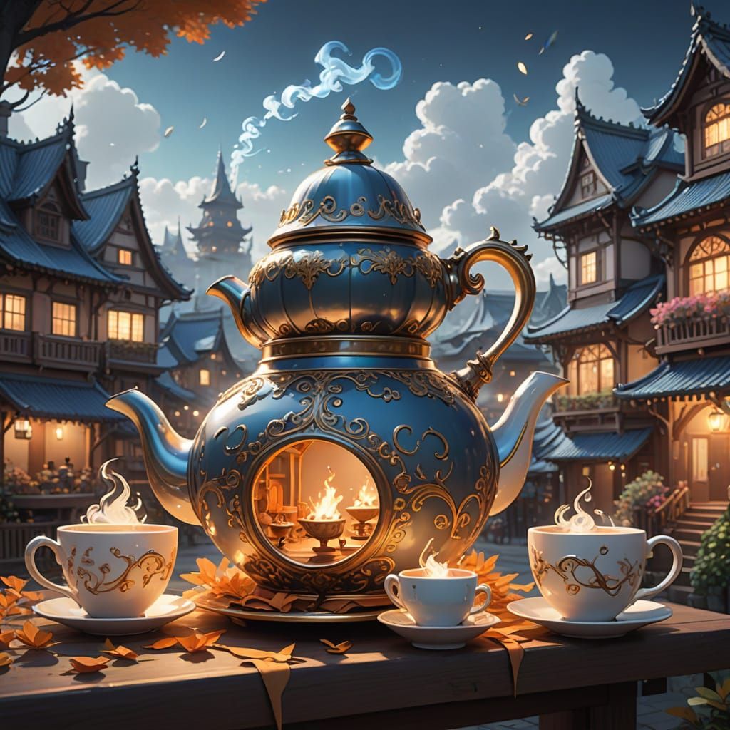 Whimsical Teapot City in Storybook Fantasy Style