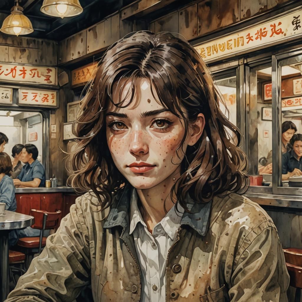 Mysterious Woman in 50's Diner with Impasto Anime Style