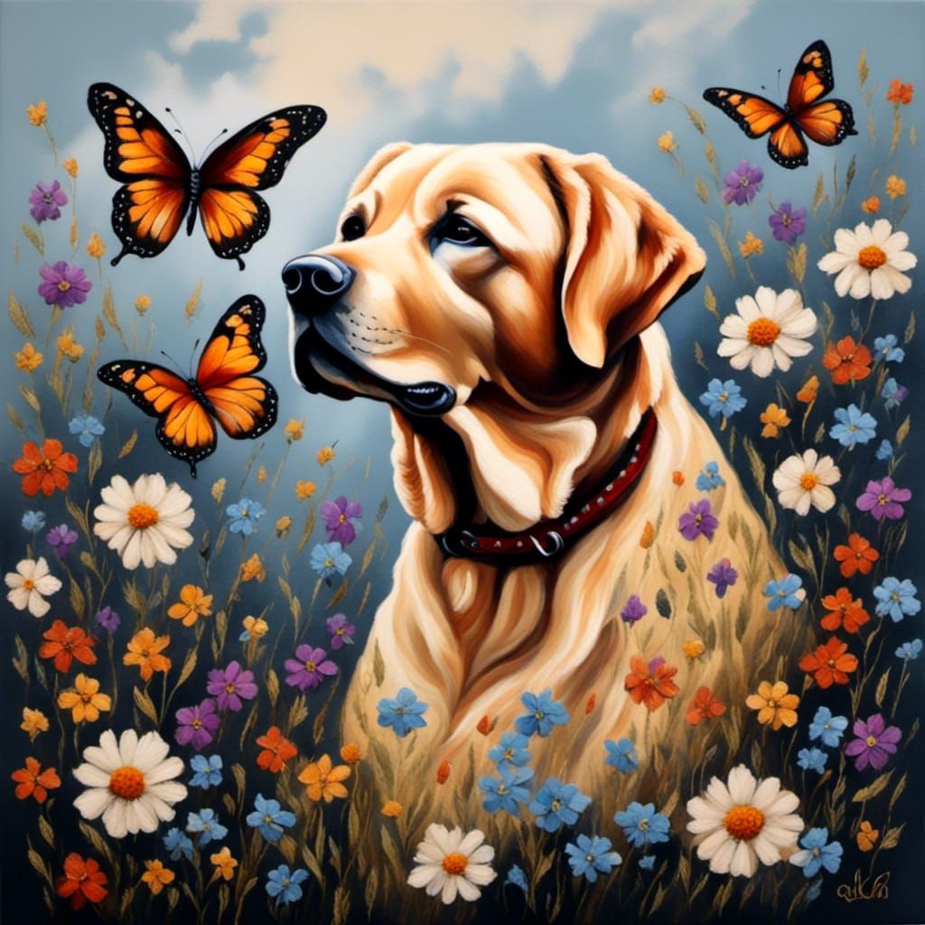 Golden Lab in Oil Painting with Butterflies