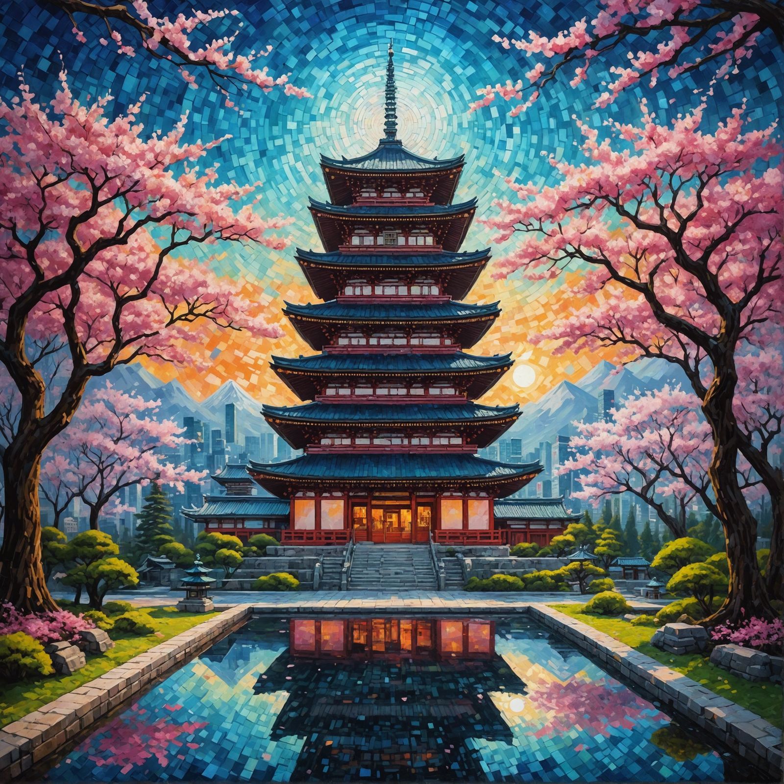 Ethereal Futuristic Mosaic of Japanese Temple in Post-Impres...