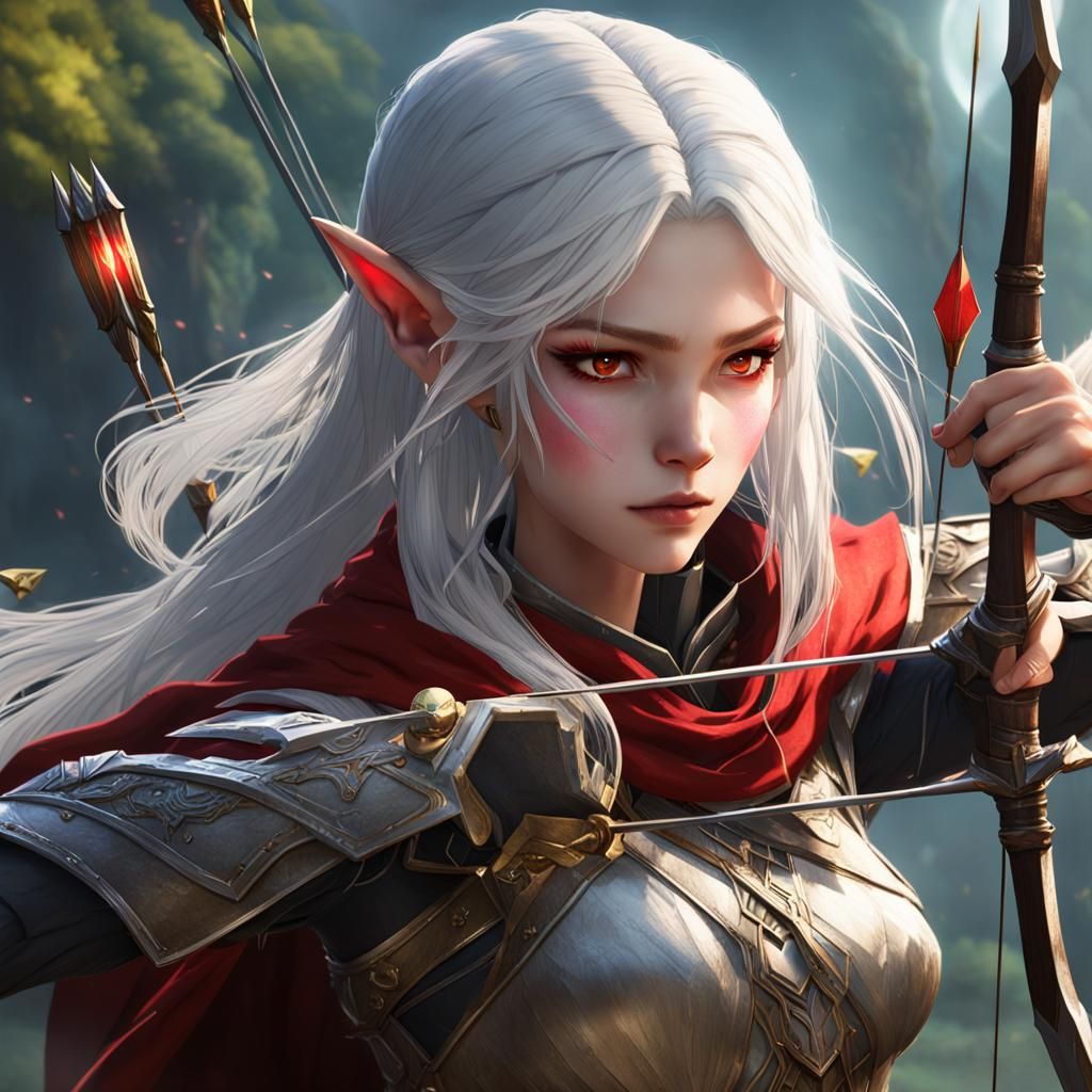Anime Elf Archer Shoots Arrow in Fantasy Art