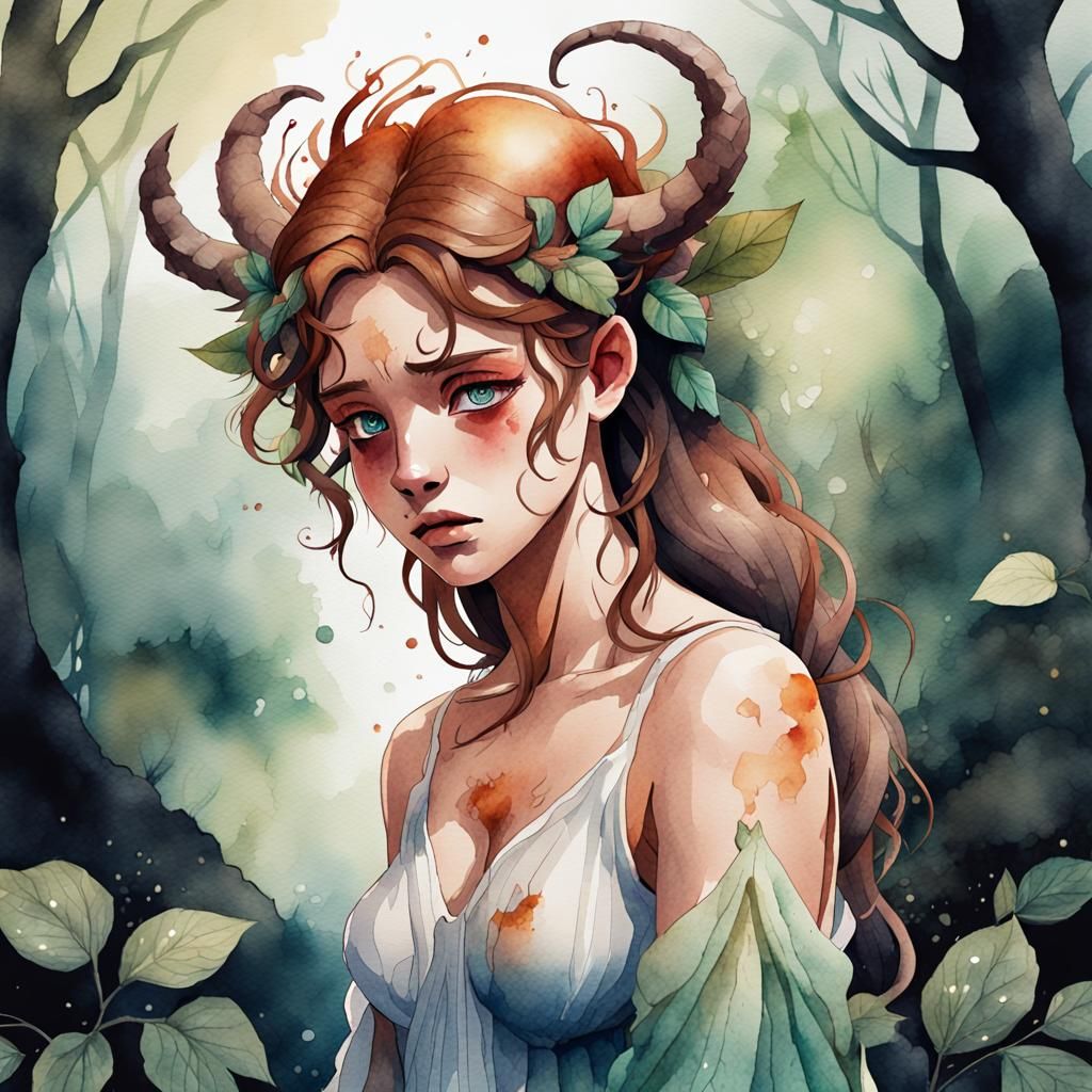 Depressed Satyr Nature Goddess in Watercolor Style