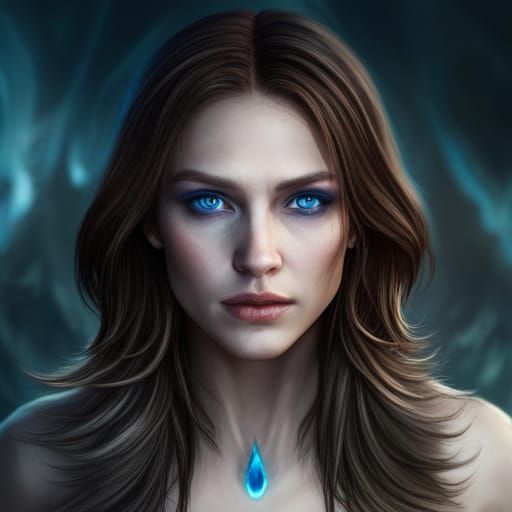 Wolf with Blue Eyes Observes Brown Haired Girl