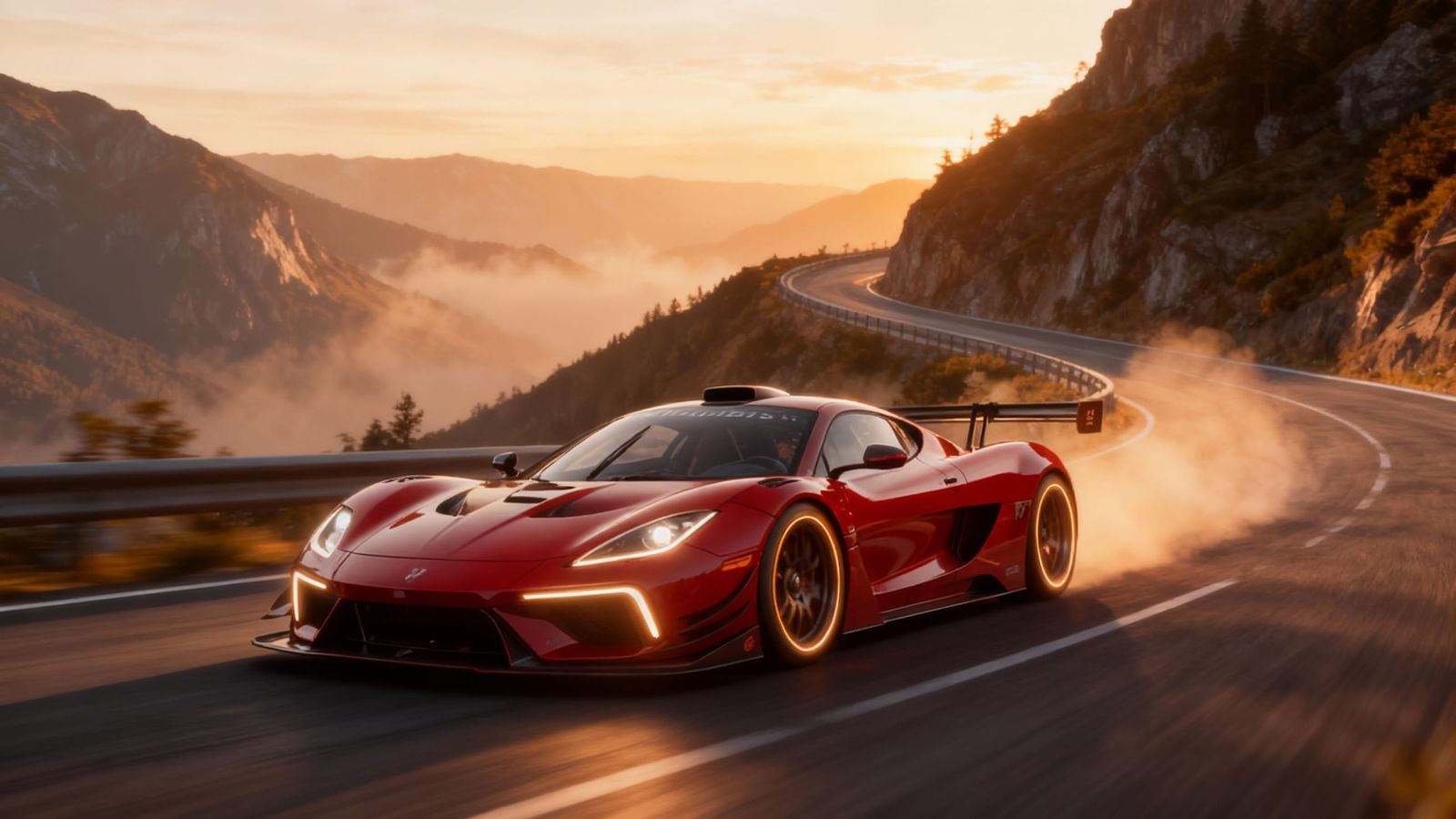 Red Sports Car Racing Mountain Pass at Golden Hour