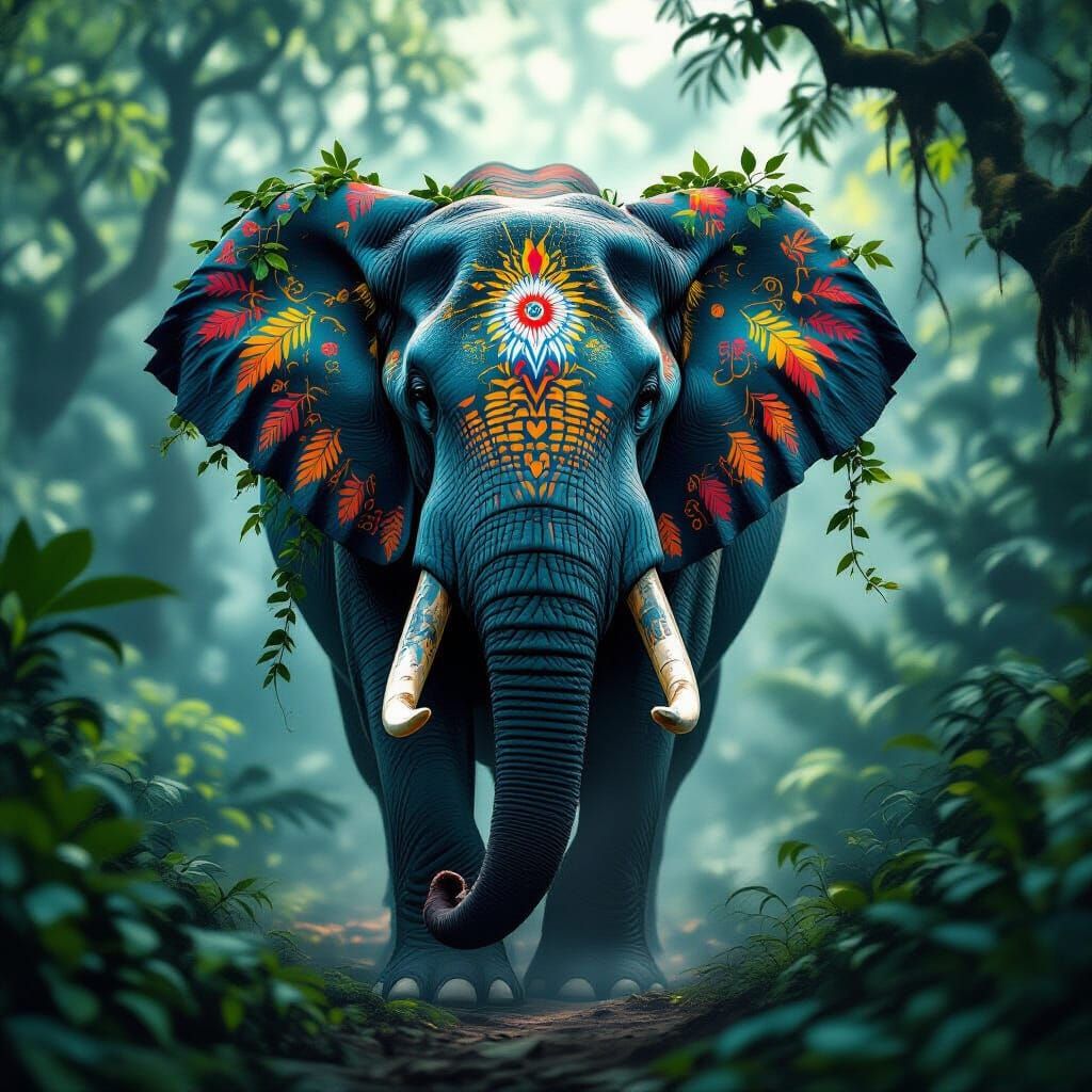 Elephant with Tribal Paint in Misty Jungle
