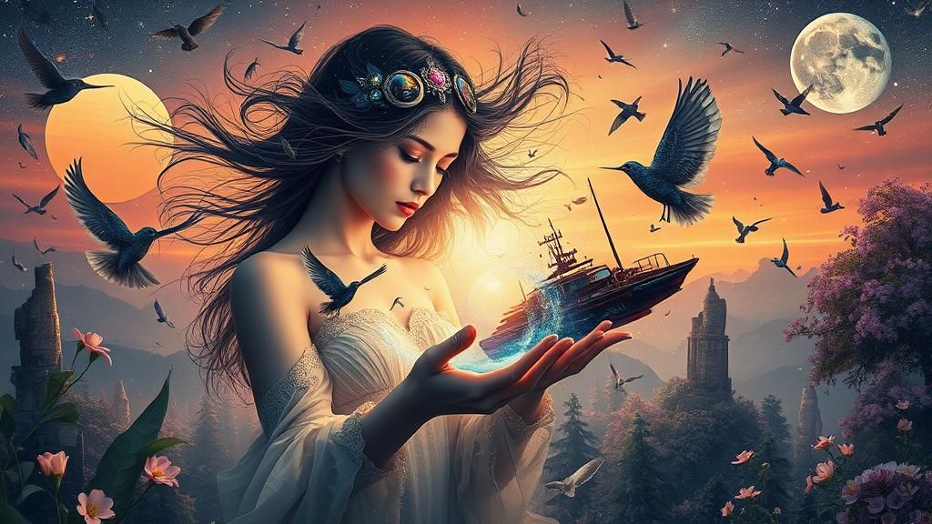 Woman Cradling Cosmos in Surreal Universe