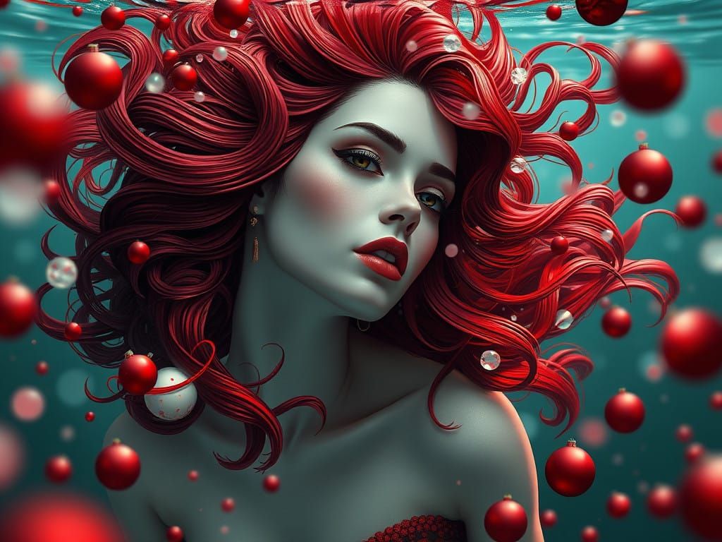 Surreal Mermaid in Red-Tinted Abyss