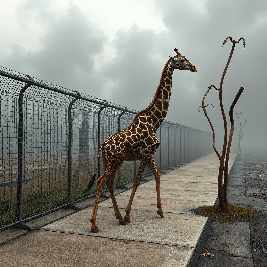 Giraffe Amidst Twisted Metal: Surrealist Art