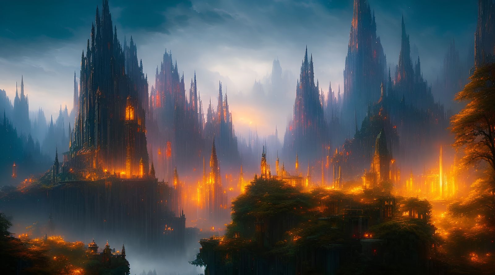 Magical Medieval City in Acrylic Style