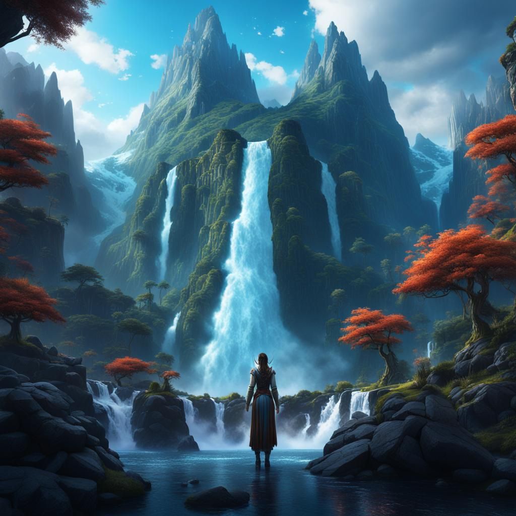 Giant Woman at Magical Waterfall: Fantasy Art
