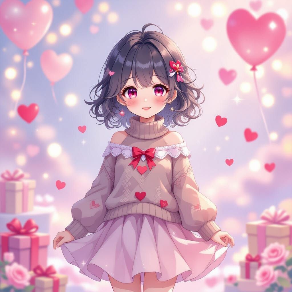 Valentine's Girl with Red Eyes in Manga Key Visual Style