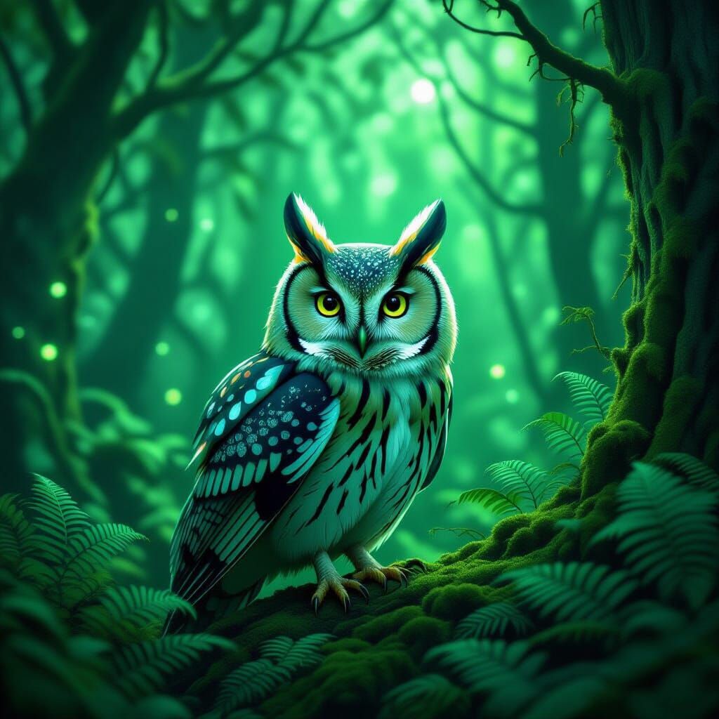 Neon Owl in Enchanted Green Forest, Futuristic Style