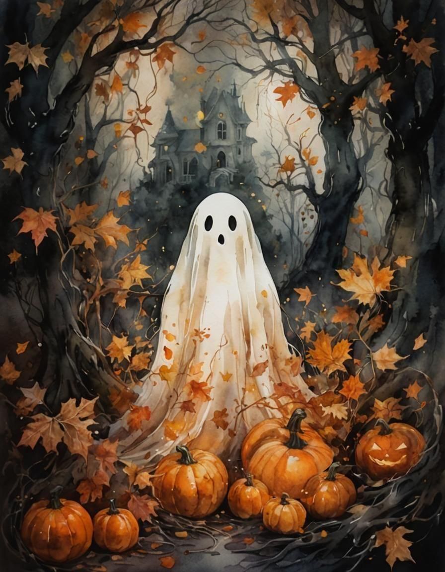 Watercolor Ghost in Autumnal Forest with Pumpkins