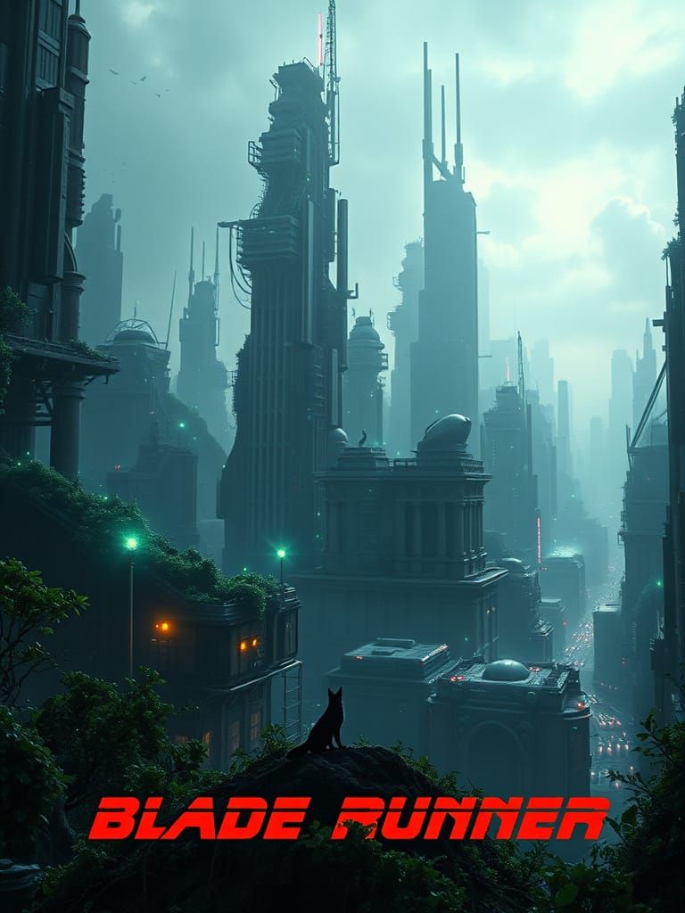 Blade Runner Cityscape with Surreal Flora and Fox