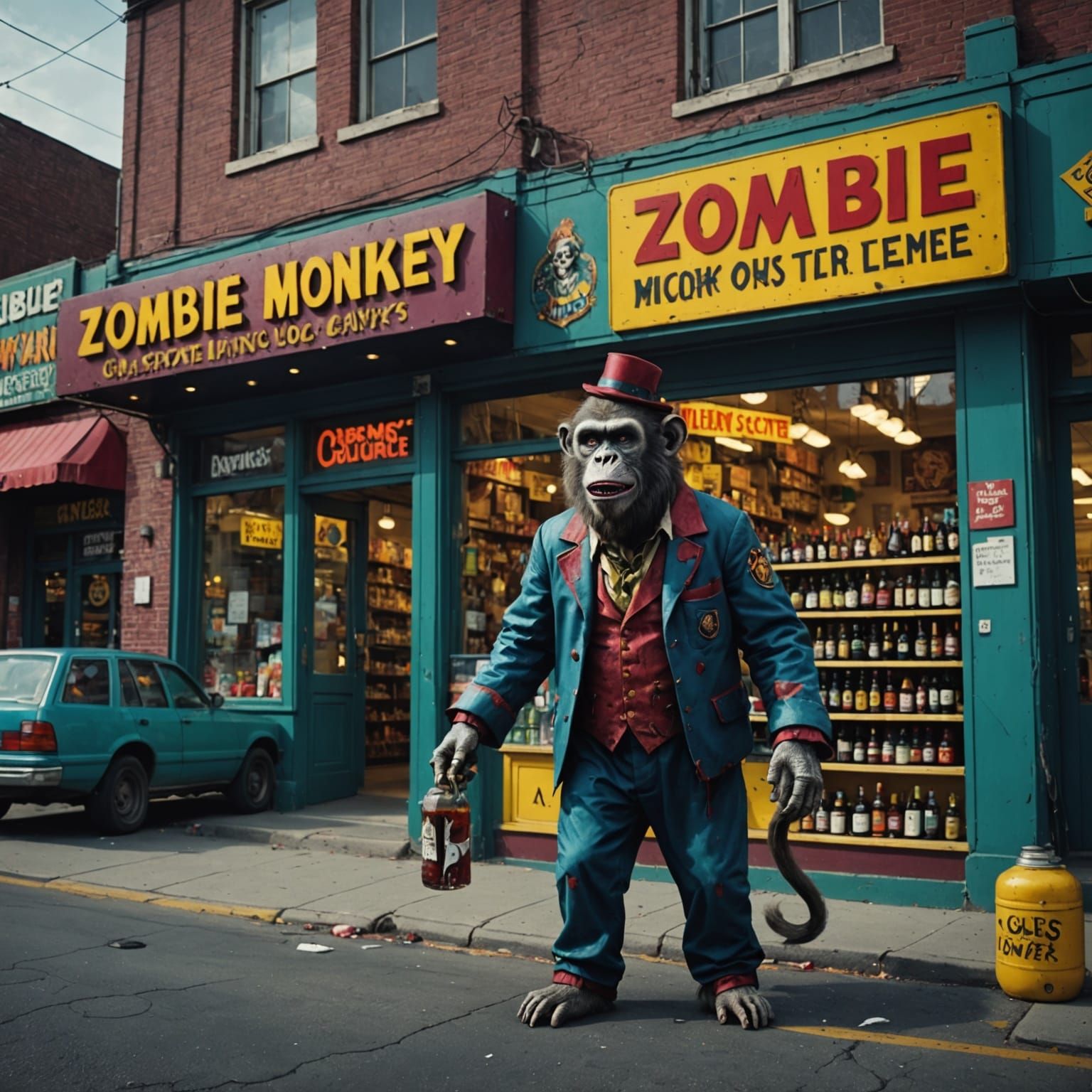 Epic Cinematic Liquor Storefront in Bright, Detailed Urban D...