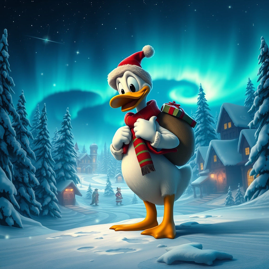 Donald Duck in Snowy Christmas Village
