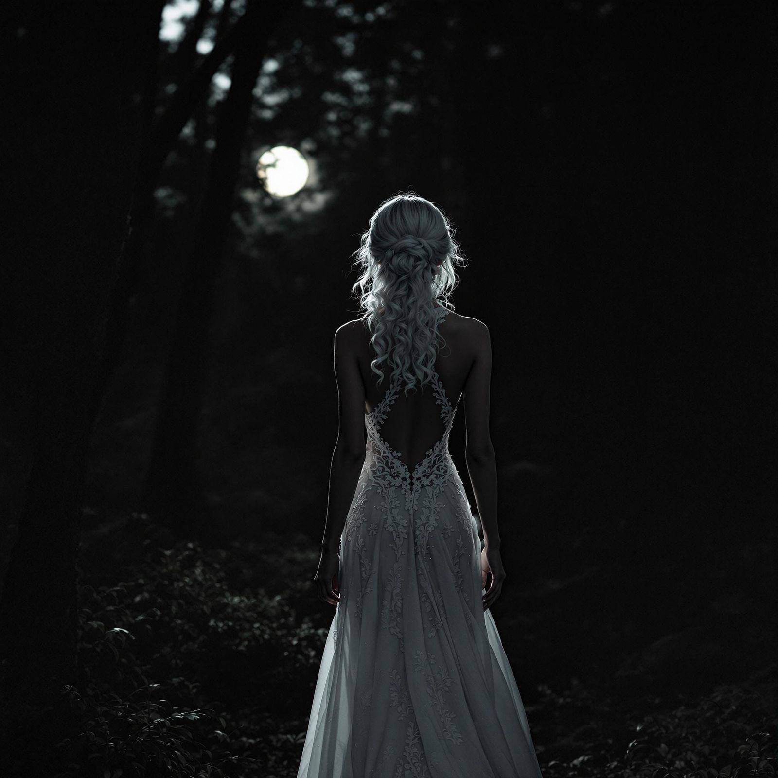 Ethereal Woman in Moonlit Forest, Elegant Gown, Low Bun Hair