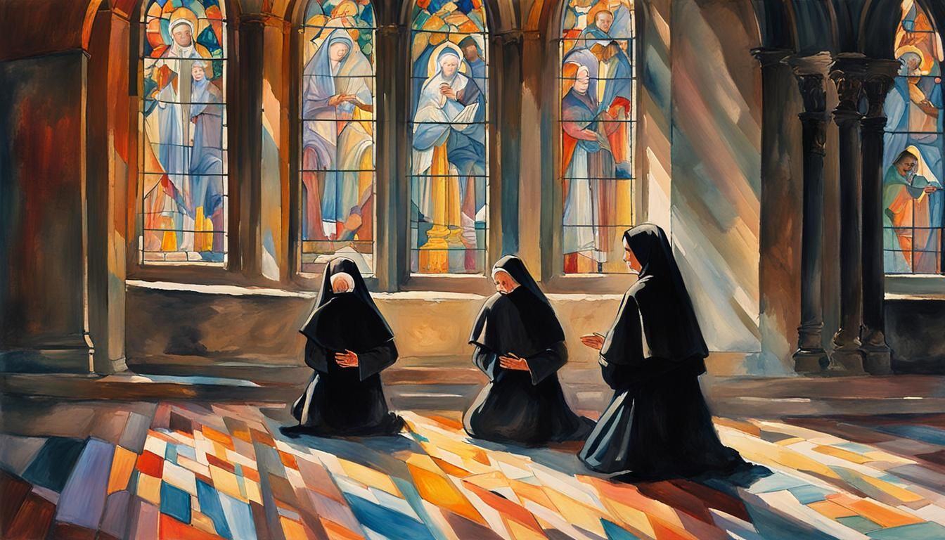 Nuns Praying in Gothic Church: Gouache Impressionism