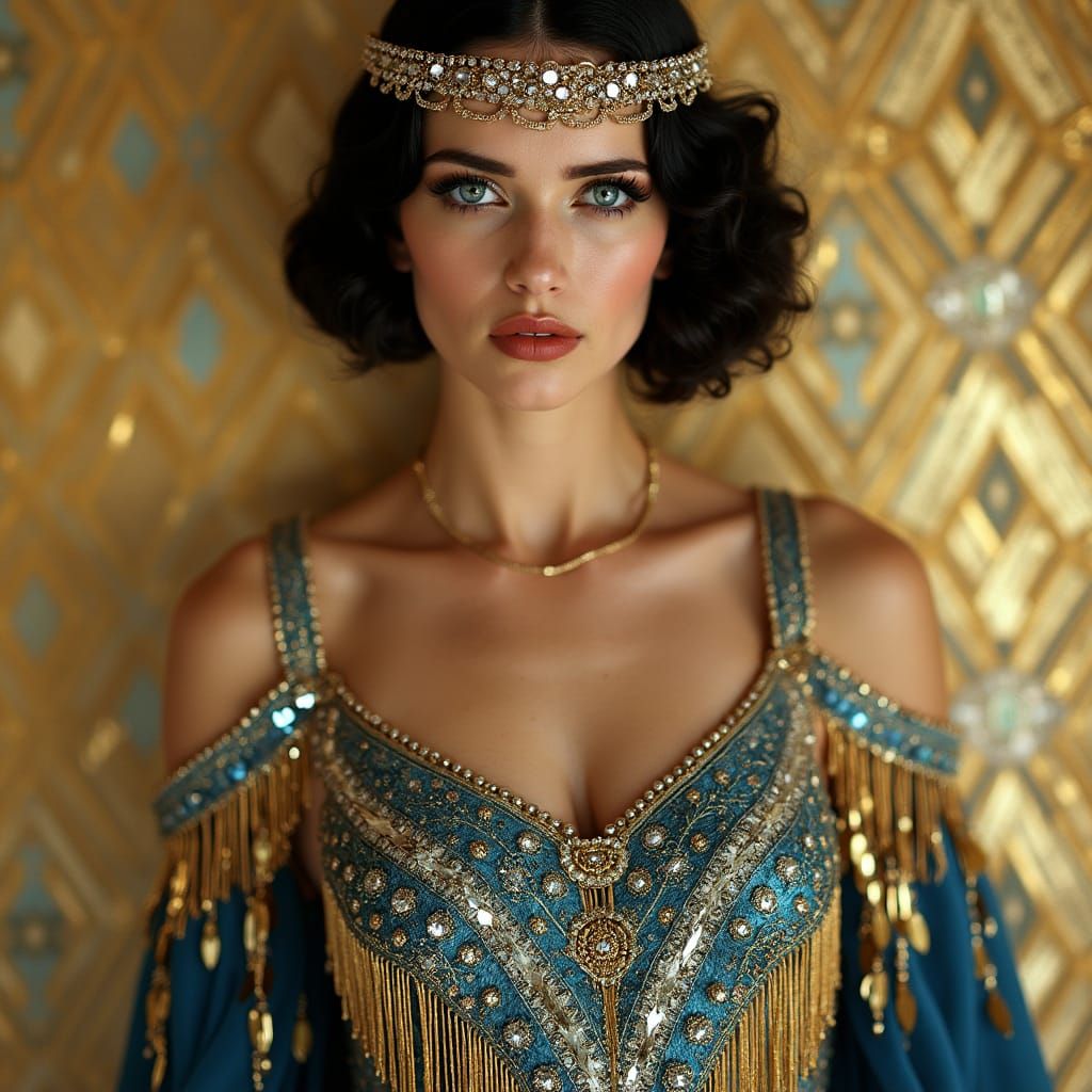 Art Deco Woman in Blue and Gold Gown