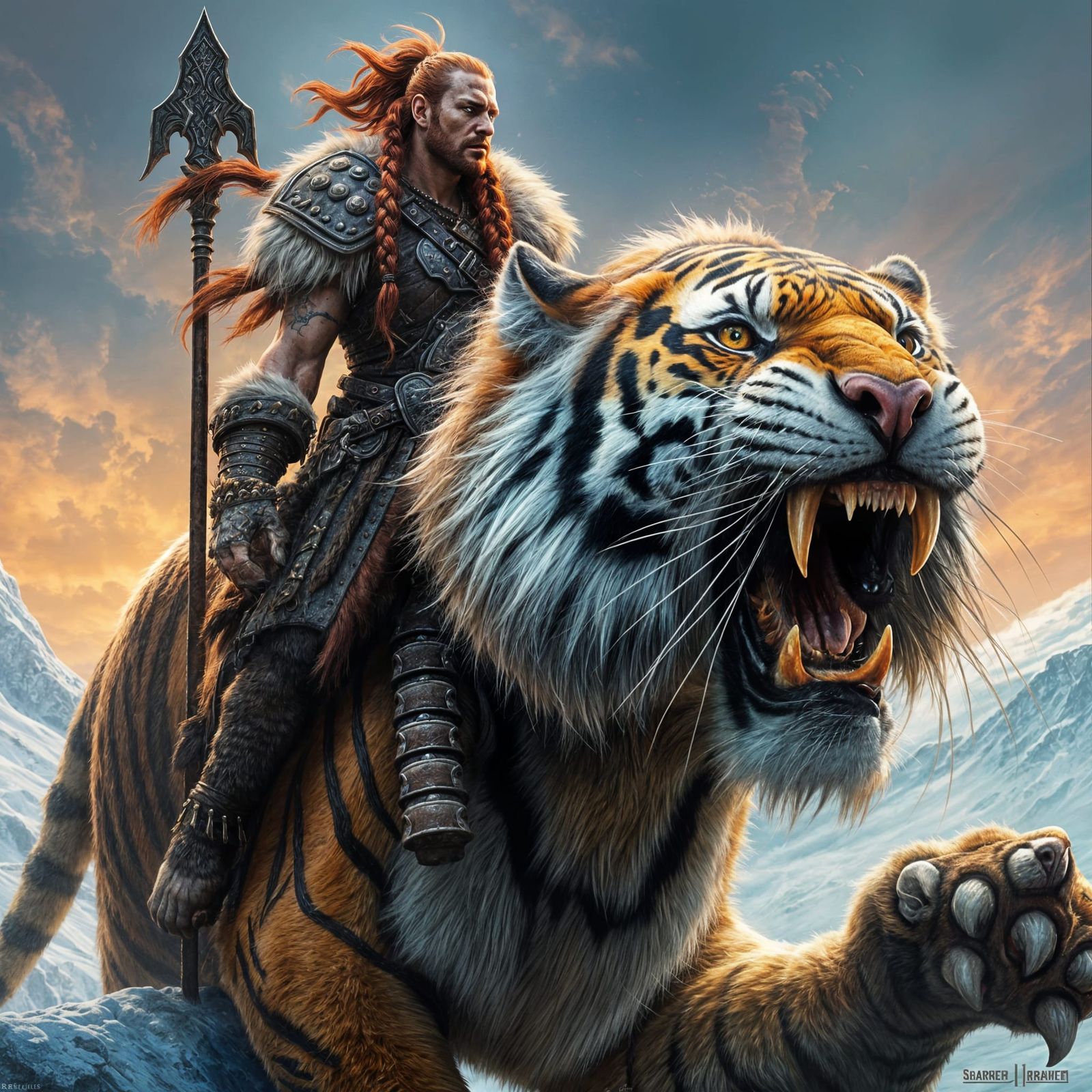 Barbarian Warrior Atop Sabertooth Tiger in Fantasy Art