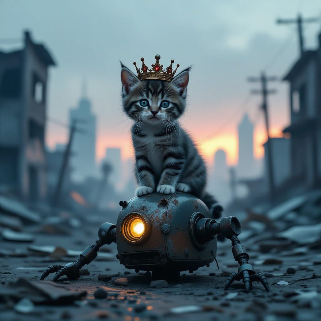 Whimsical Kitten Crowned on Robot in Post-Apocalyptic City