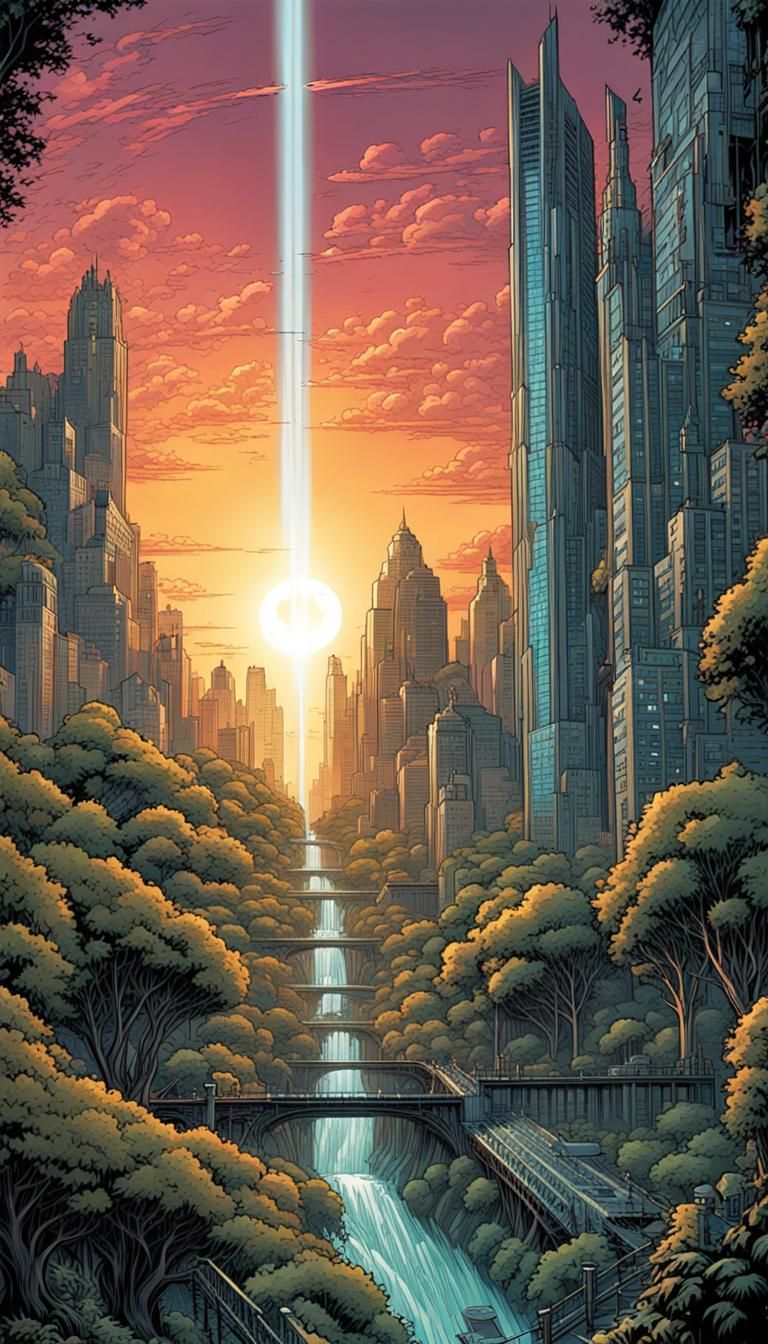 Solarpunk Cityscape with Gardens and Waterfalls