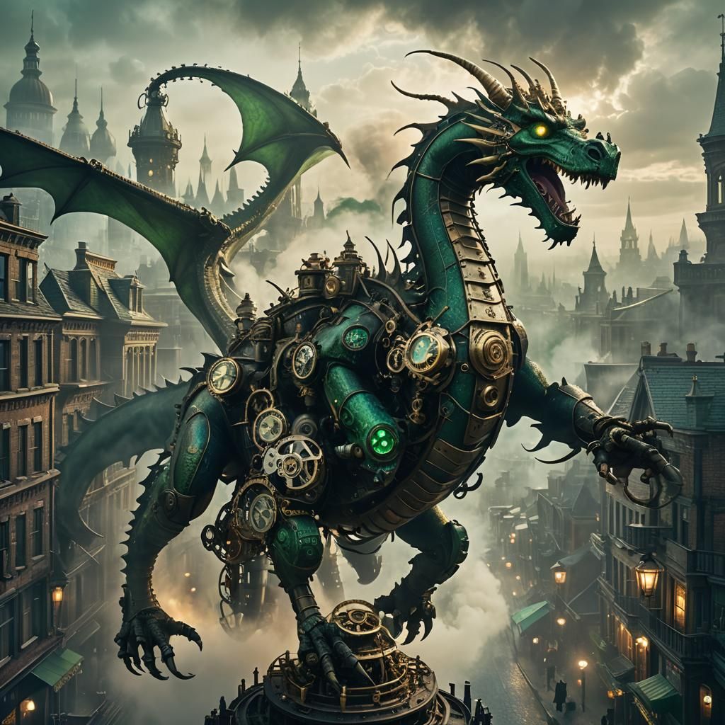 Clockwork Dragon Over Steampunk Victorian Cityscape